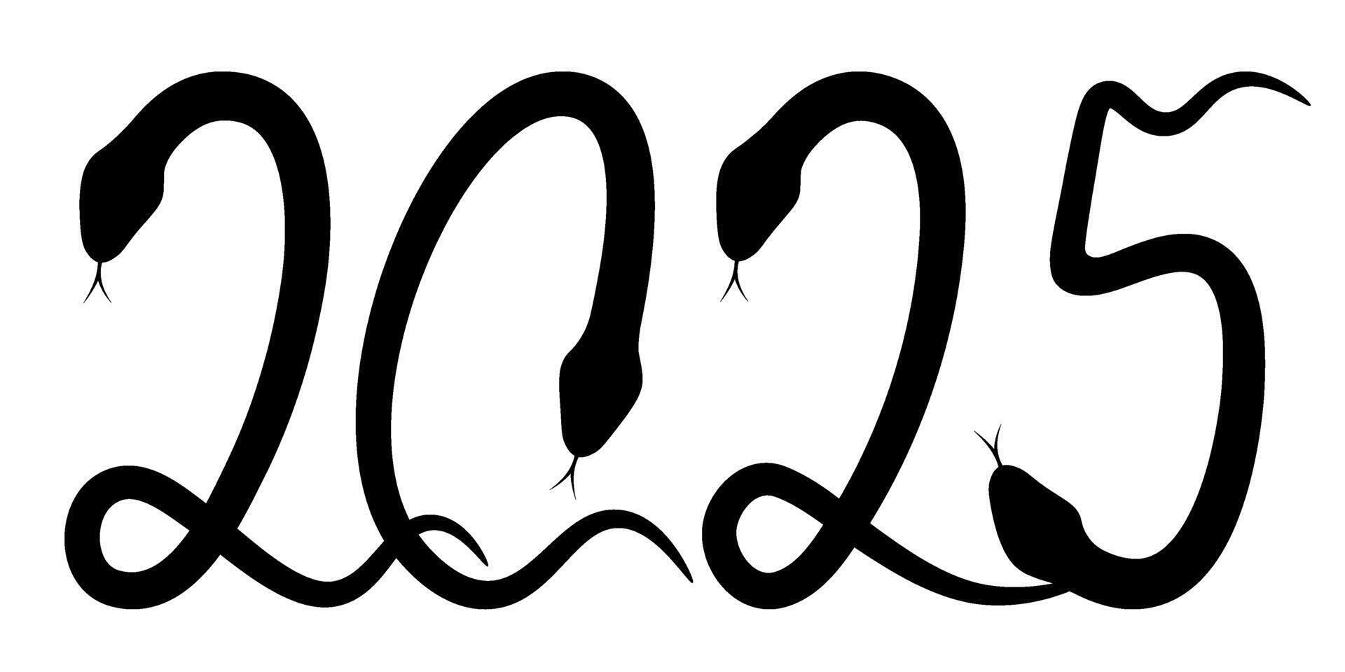The number 2025 is formed of black silhouettes of snakes, isolated on a transparent background. Symbol of Chinese New Year 2025. illustration. vector