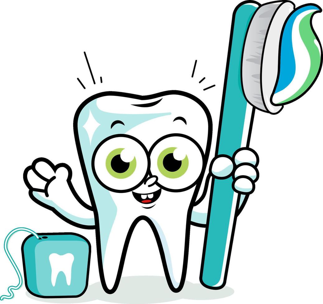 Cute funny cartoon tooth at the dentist. Tooth character holding a toothbrush and a dental floss. vector