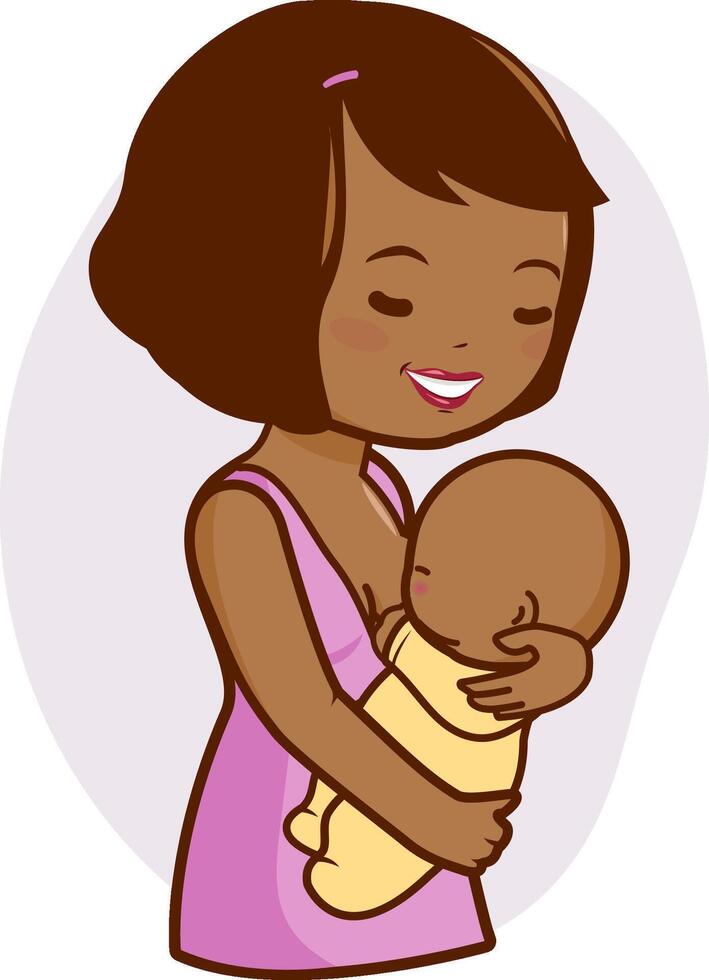 Mother breastfeeding her baby. African American young mom nursing her newborn child. vector