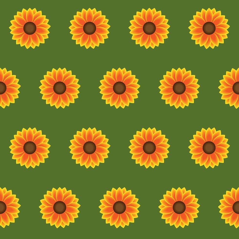 Seamless pattern with bright sunflowers neatly aligned in rows on a green background. Repeating pattern for wrapping paper, gift paper, children's textiles, pillows, etc. illustration. vector