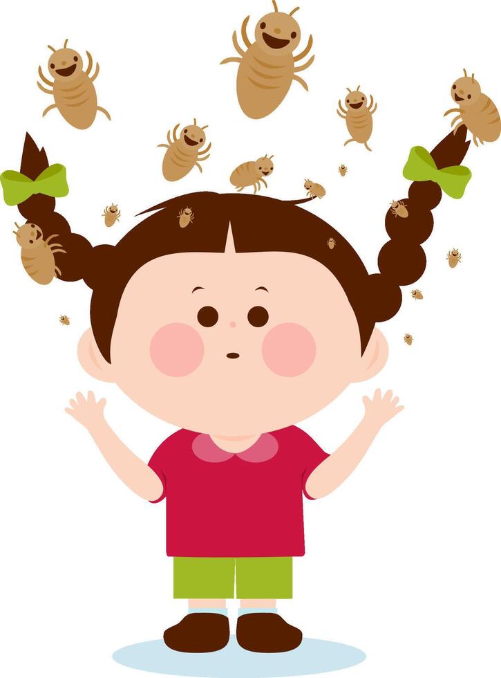 Cute little child with lice infestation on hair scratching her itchy scalp and head. A girl with lice on her head. vector