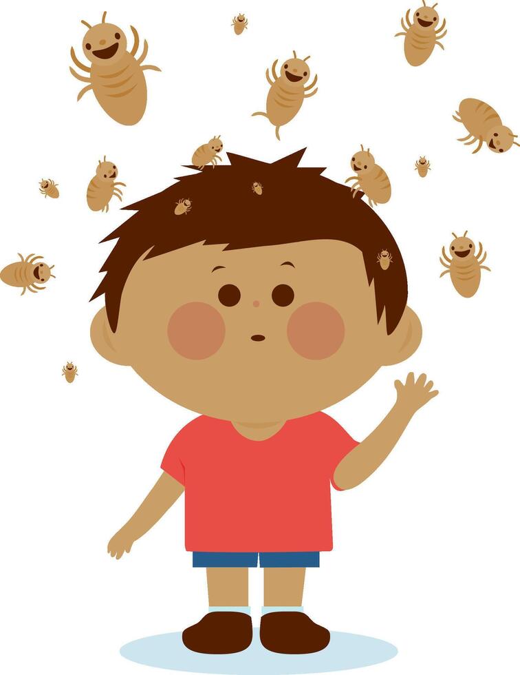 Little child with lice infestation on hair scratching his itchy scalp and head. A boy with lice on his head. vector
