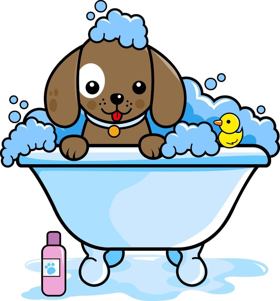 Cute cartoon dog in a bath tub taking a bubble bath. Puppy pet at the grooming salon. vector