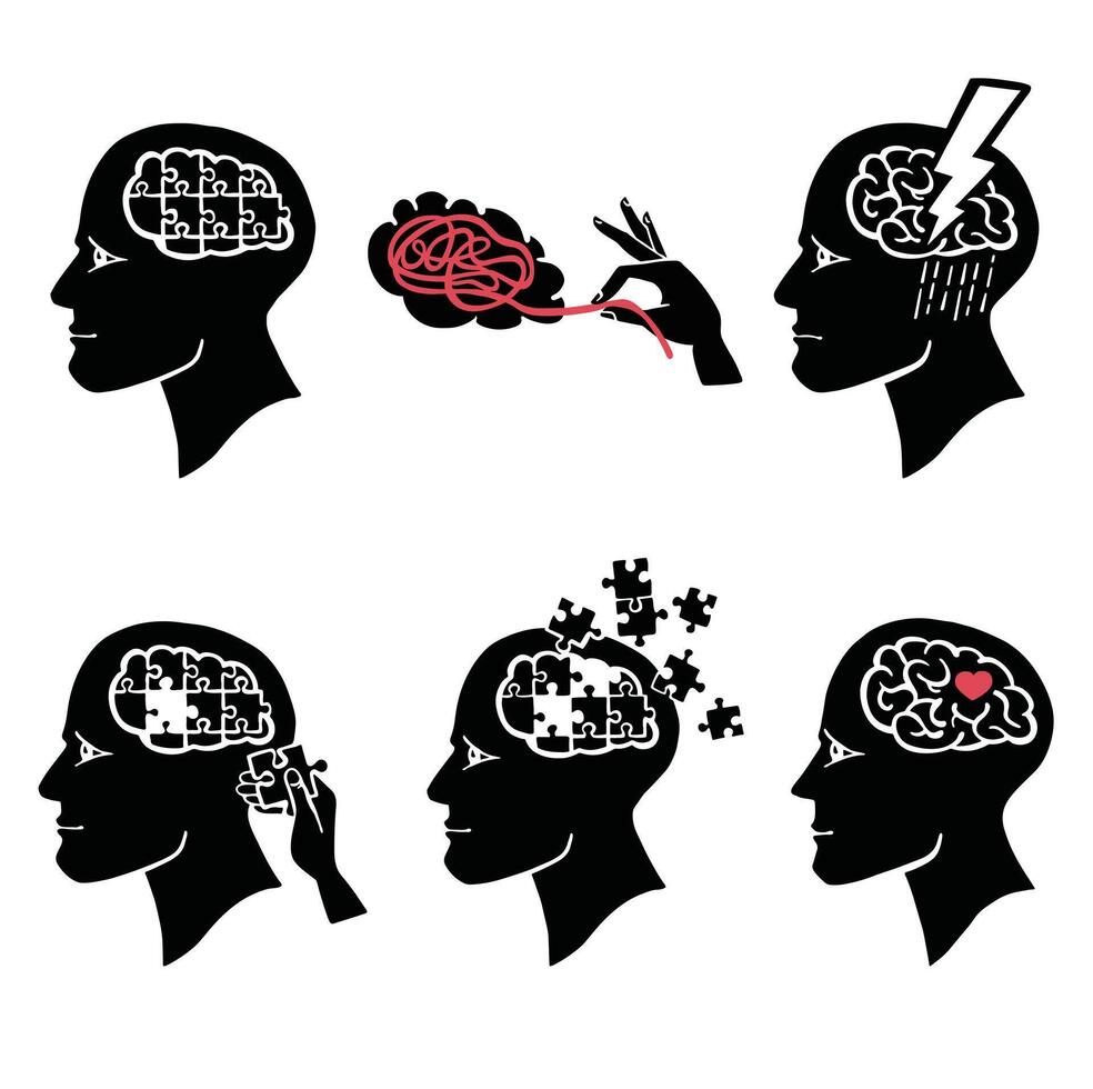 Set of mental health symbol silhouettes illustration vector