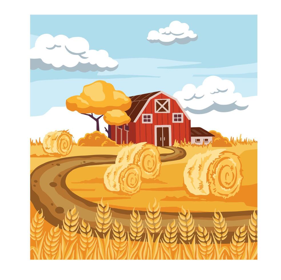 cartoon drawing of autumn farmland, haystack and rye. illustration vector