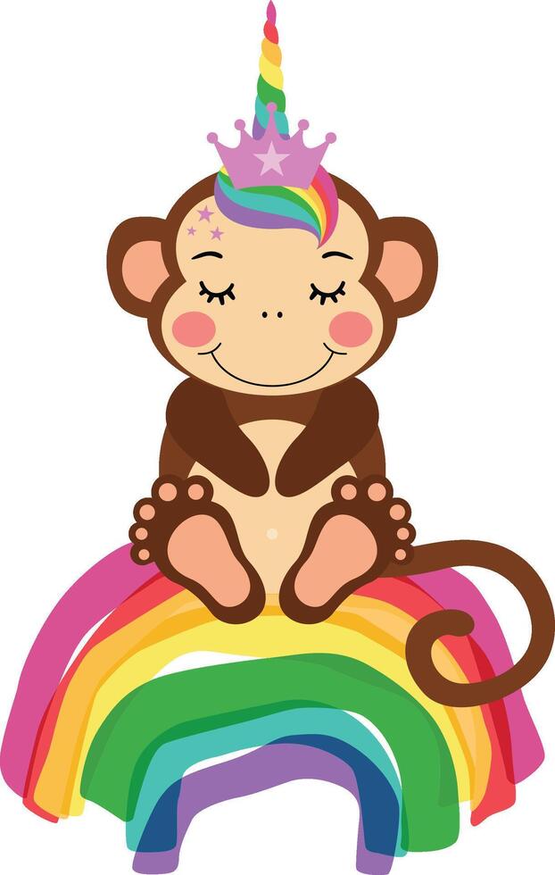 Cute unicorn monkey sitting on rainbow vector
