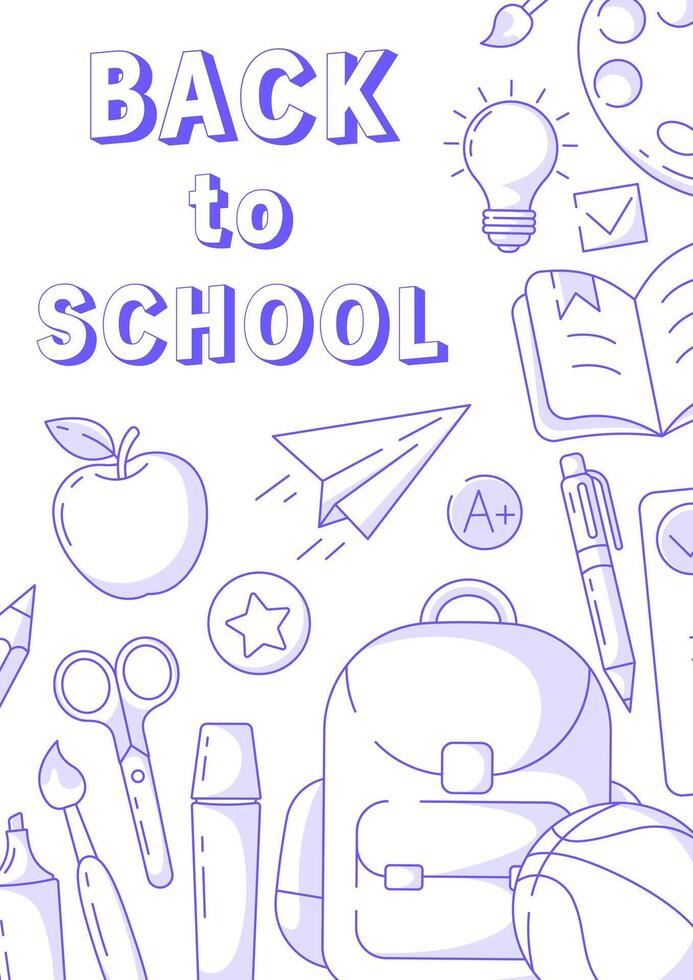 Back to school poster, blue modern minimalist design with school supplies line icons. Education, learning, knowledge concept. a4 format. For banner, cover, web, flyer, marketing vector