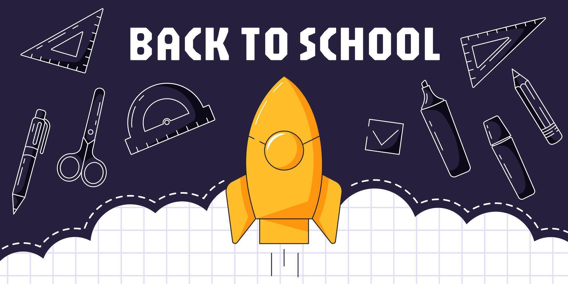 Back to school horizontal banner, minimalist design. School supplies and stationery, rocket launch. Education, learning, knowledge concept. For poster, web, flyer, business, event, party vector
