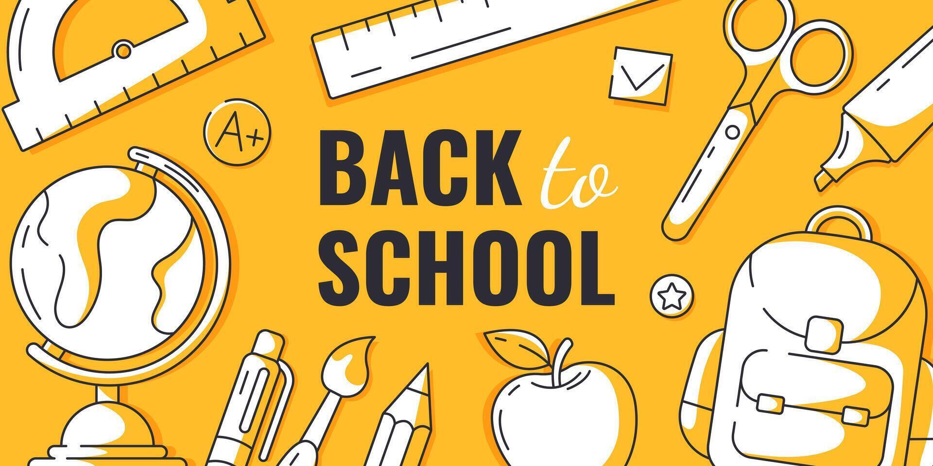 Back to school horizontal yellow banner, minimalist design. School supplies and stationery, line icons. Education, learning, knowledge concept. For poster, web, flyer, business, event, party vector