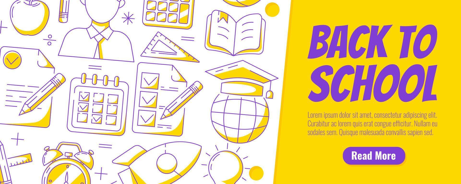 Back to school flyer, modern minimalist design with school supplies, stationery, sheet of paper. Education, learning, knowledge concept. For banner, poster, web, event, advertising, website vector