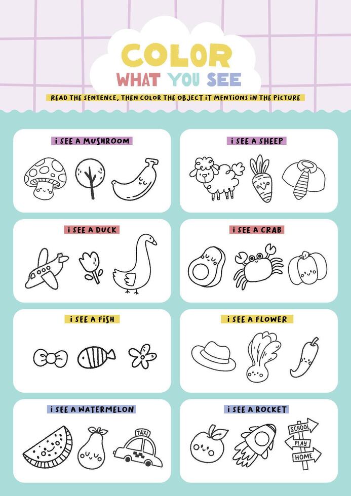 colorful coloring what i see printable worksheet for kids fun education learning vector