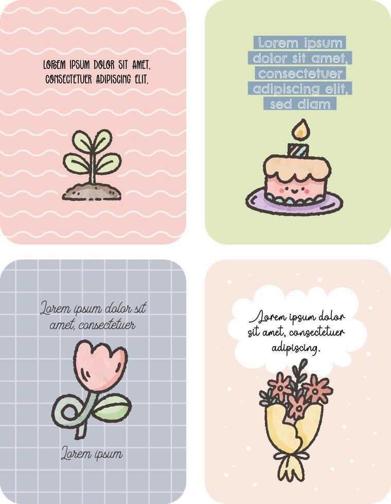 cute kawaii pastel color greeting cards hand drawn illustration for special occasion set vector
