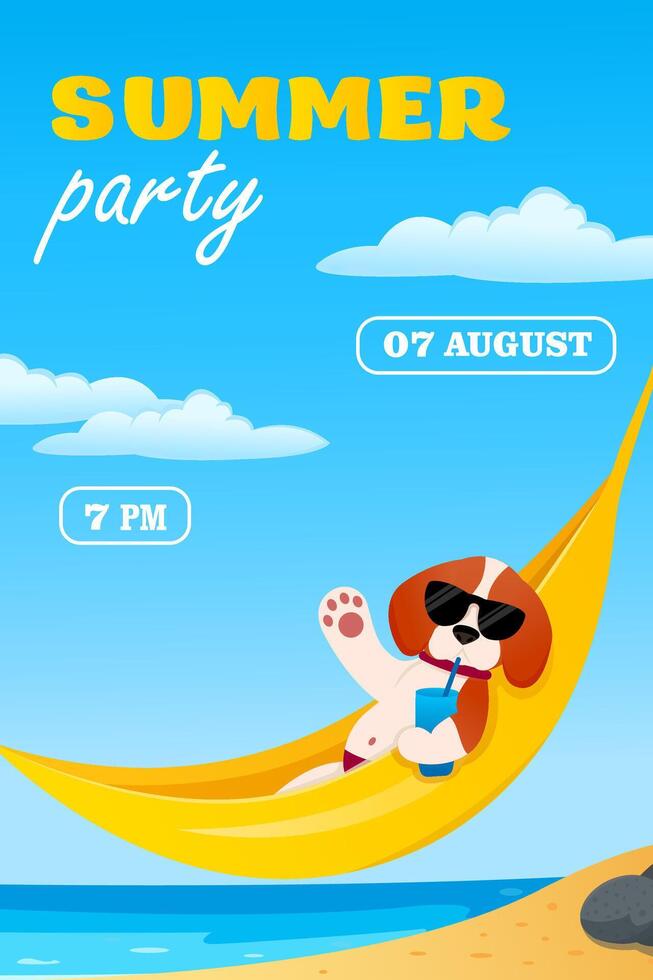 Summer party invitation. Flyer poster design summer beach party template. Dog in a hammock. vector