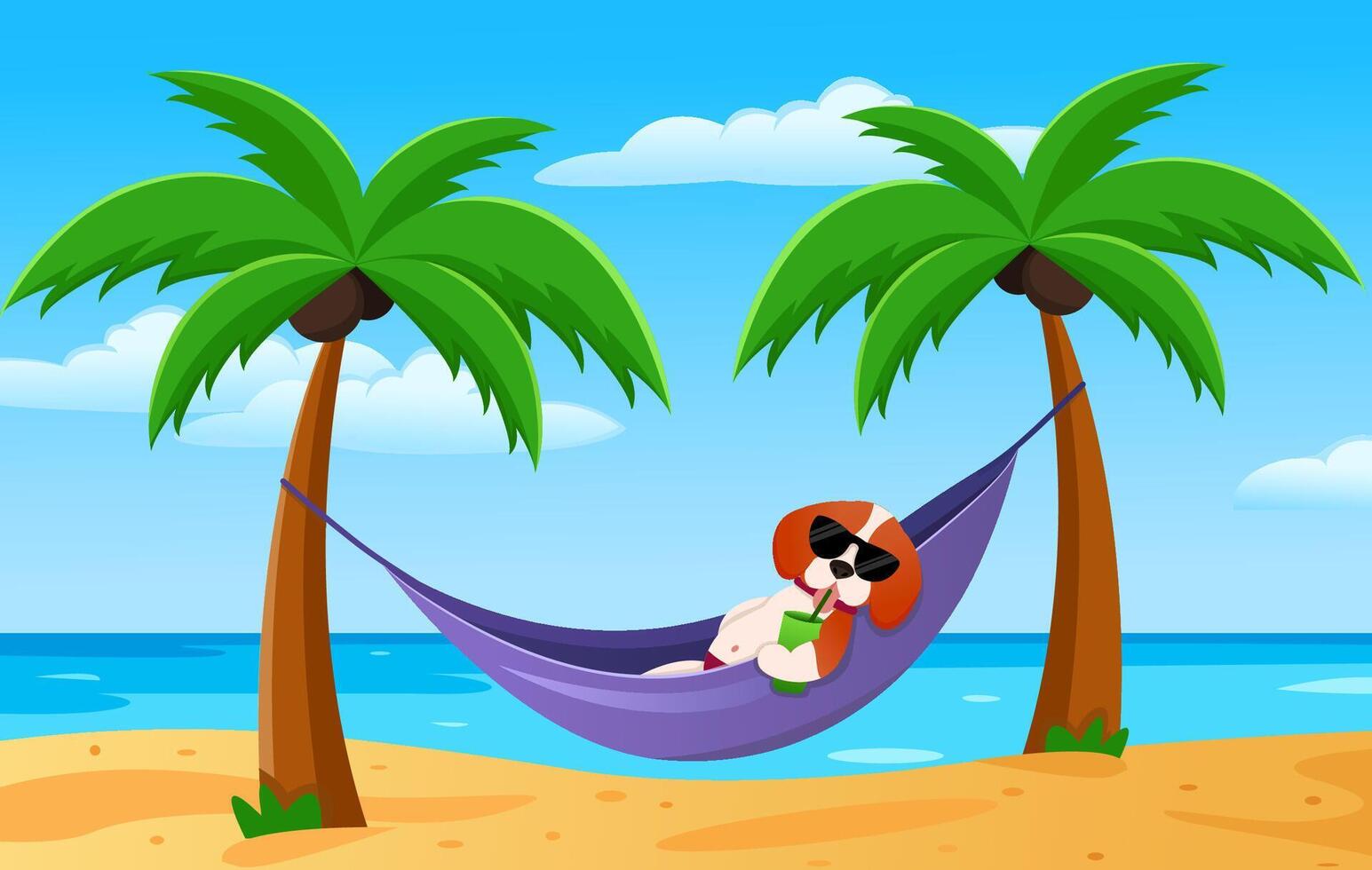 Beagle in glasses lies in a hammock on the beach against the backdrop of the sea and palm trees. Summer vector