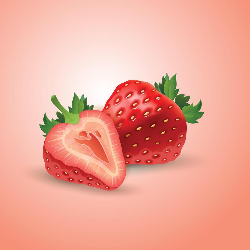 Fresh red strawberries whole, half of strawberry and slices. Red berry illustration vector