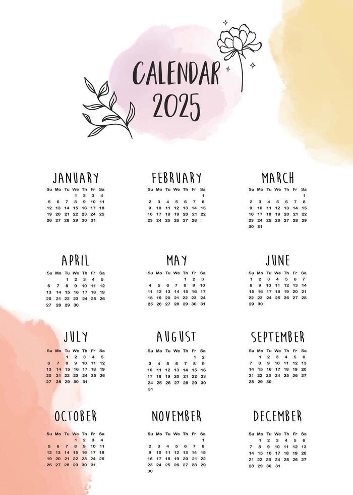 2025 table yearly calendar week start on Sunday with flower that use for vertical digital and printable A4 A5 size vector