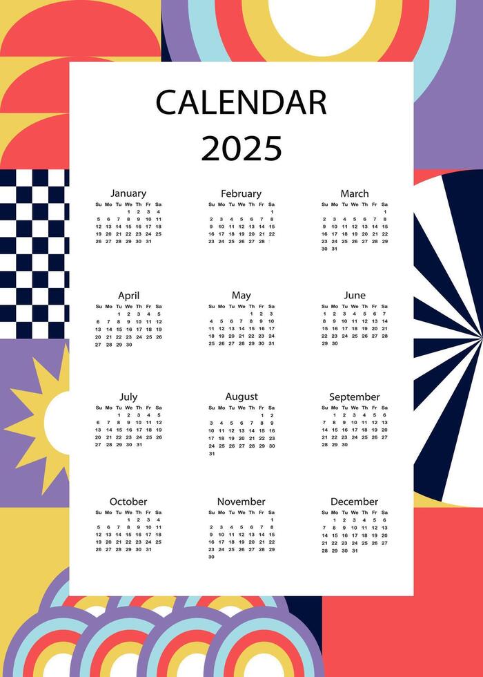 2025 table yearly calendar week start on Sunday with geometric that use for vertical digital and printable A4 A5 size vector