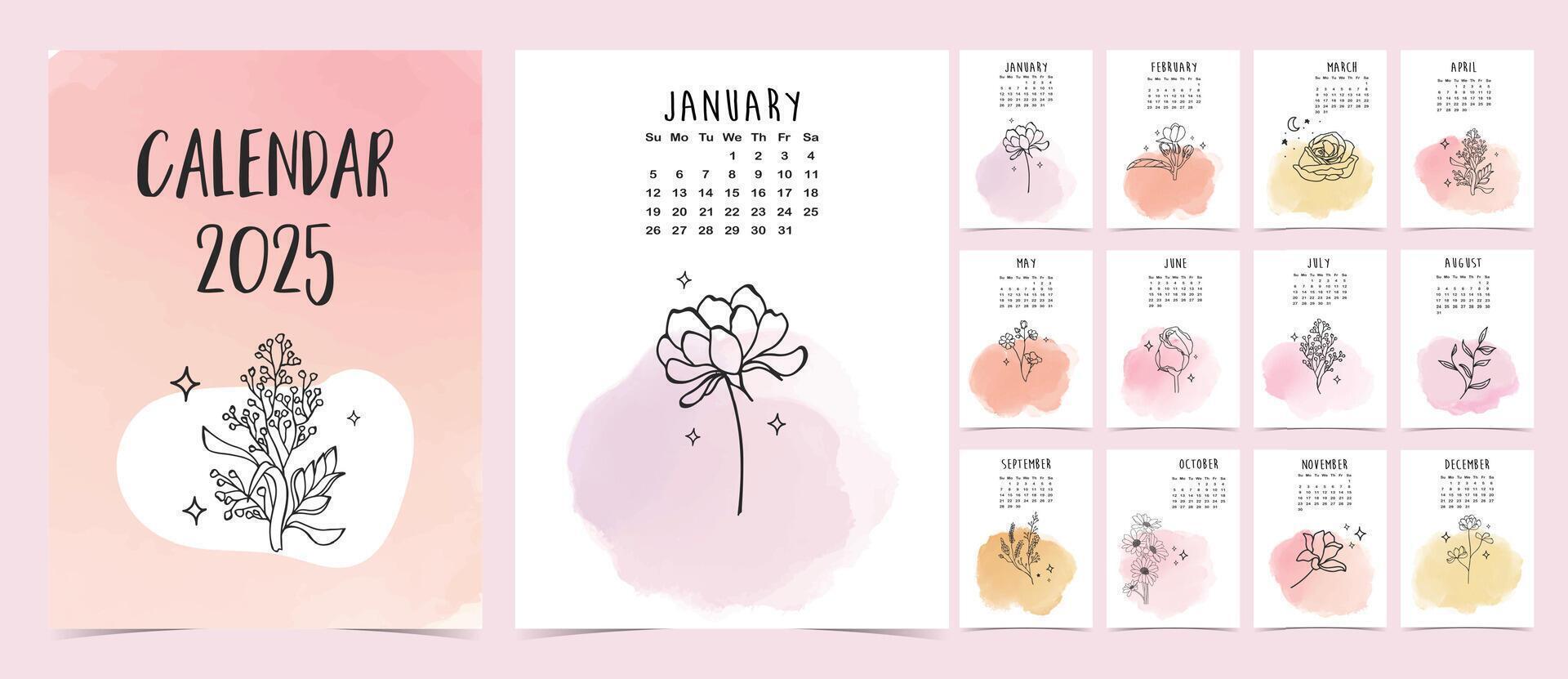 2025 table monthly calendar week start on Sunday with flower that use for vertical digital and printable A4 A5 size vector