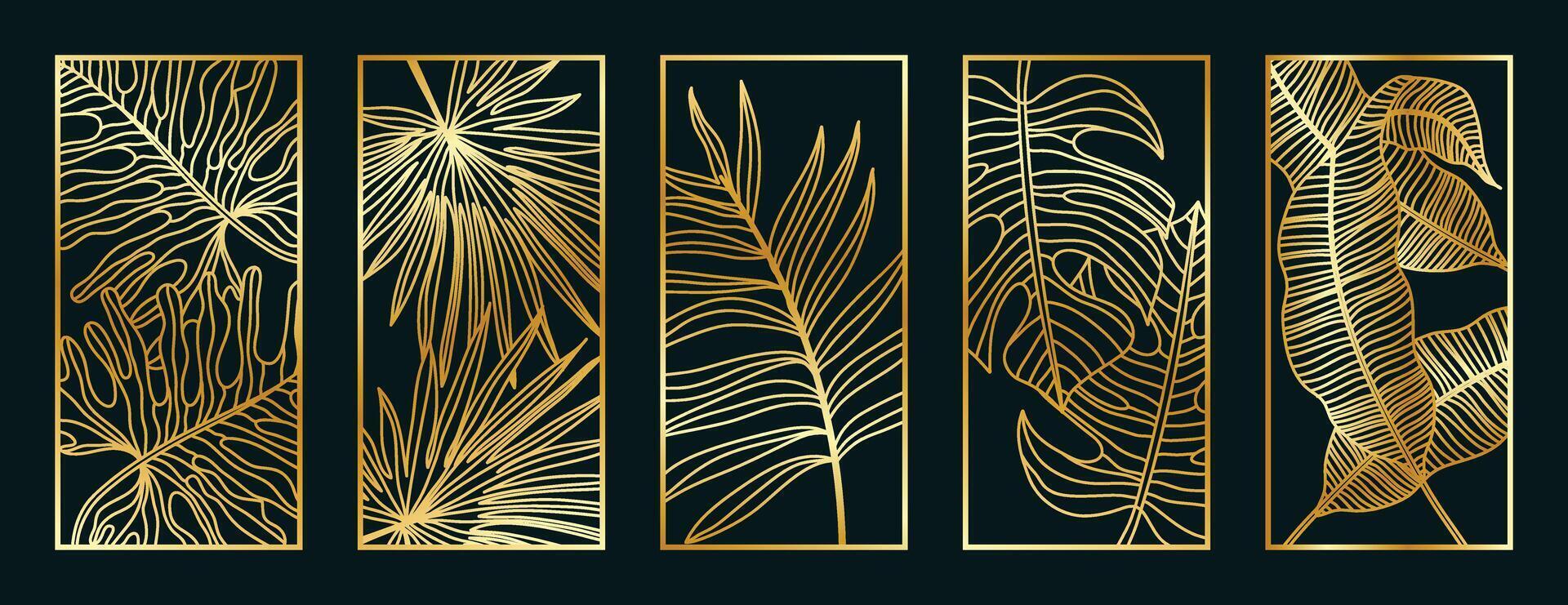 Gold foliage line art pattern collection. Laser cut with line design pattern. Design for wood carving, wall panel decor, metal cutting, wall arts, cover background, wallpaper and banner. vector