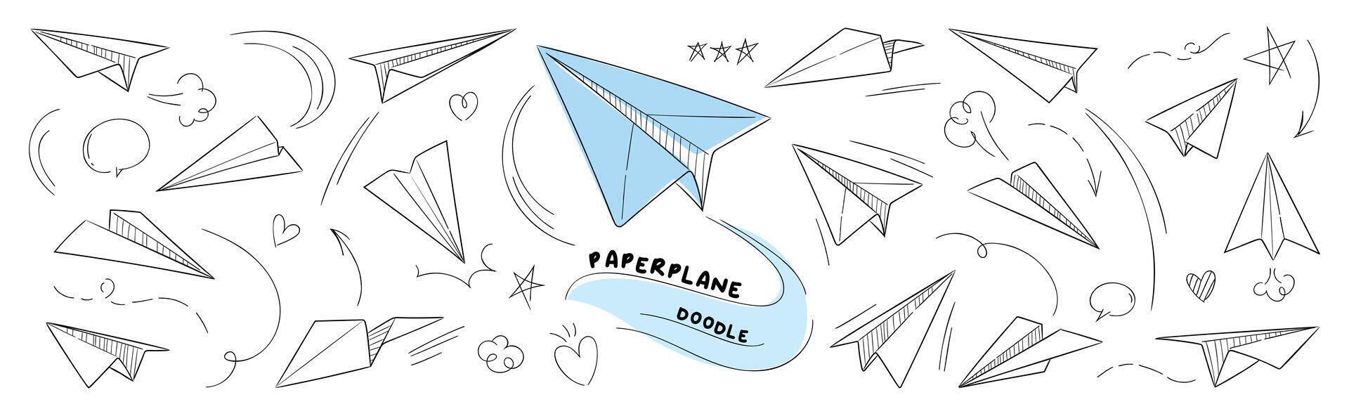 Hand drawn paper plane icons set. Hand drawn doodle style collection of speech bubble, star, heart, arrow. Paper plane design for application, doodle, print, sticker, decoration. vector