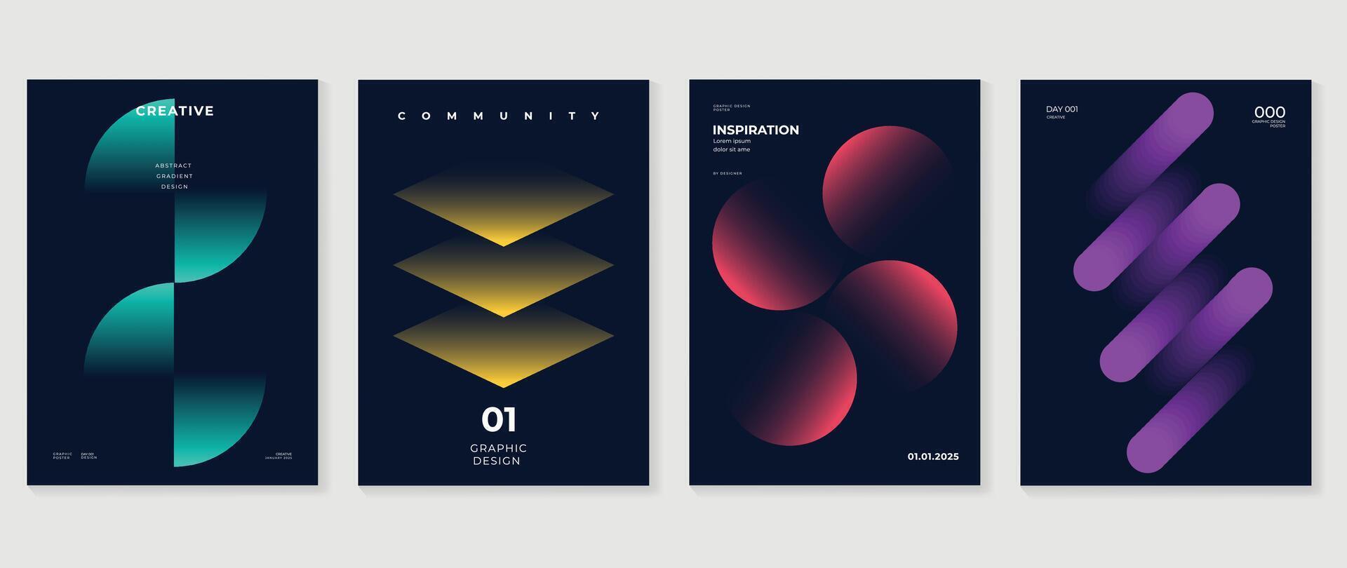 Abstract gradient poster background set. Minimalist style cover template with vibrant perspective 3d geometric prism shapes collection. Ideal design for social media, cover, banner, flyer. vector