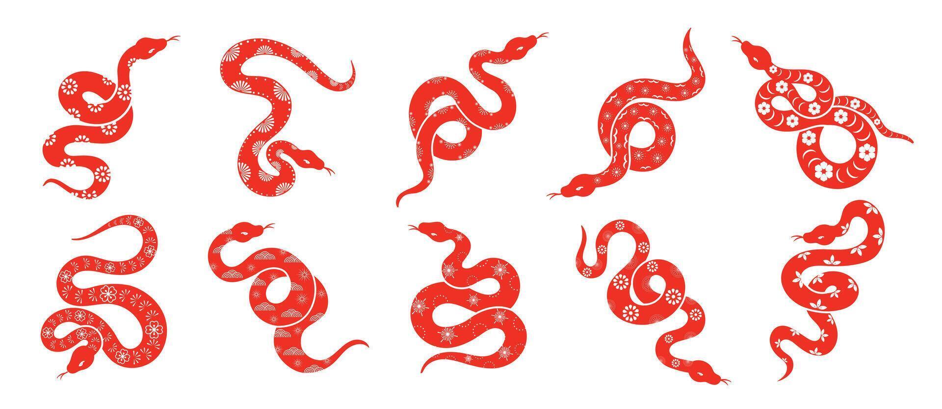 Chinese New Year snake design set. Element zodiac sign year of the snake with cherry blossom flower pattern on snake red color. Illustration design of background, card, sticker, calendar. vector