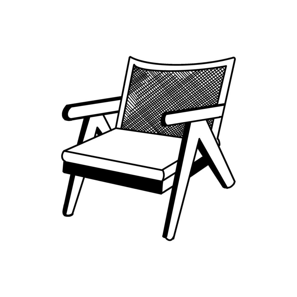 Vintage wooden chair with rattan on the back. illustration of a chair, an interior item drawn in black. For designing interior sketches, visualizations, printing, scrapbooking vector