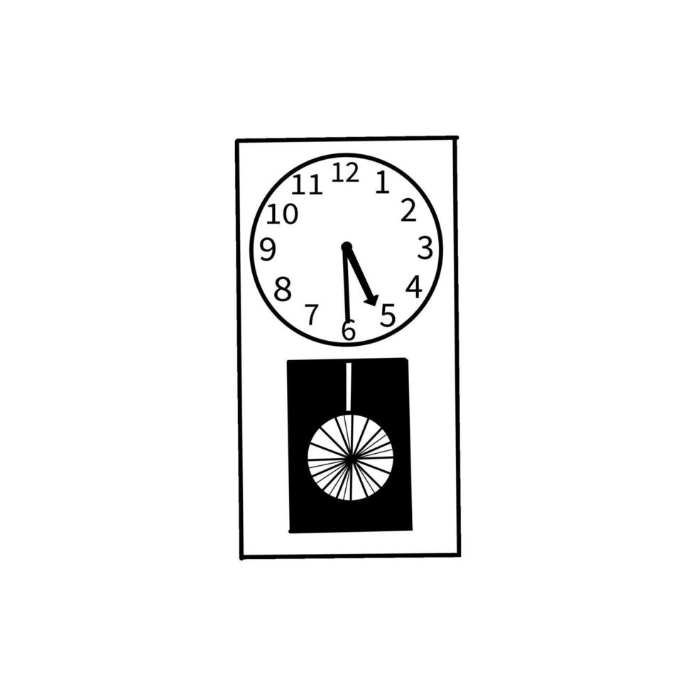 Wall clock with strike and pendulum, with dial. illustration. Clock drawn in in black, black outline on a white background. For design, creating 3D visualizations, scrapbooking vector