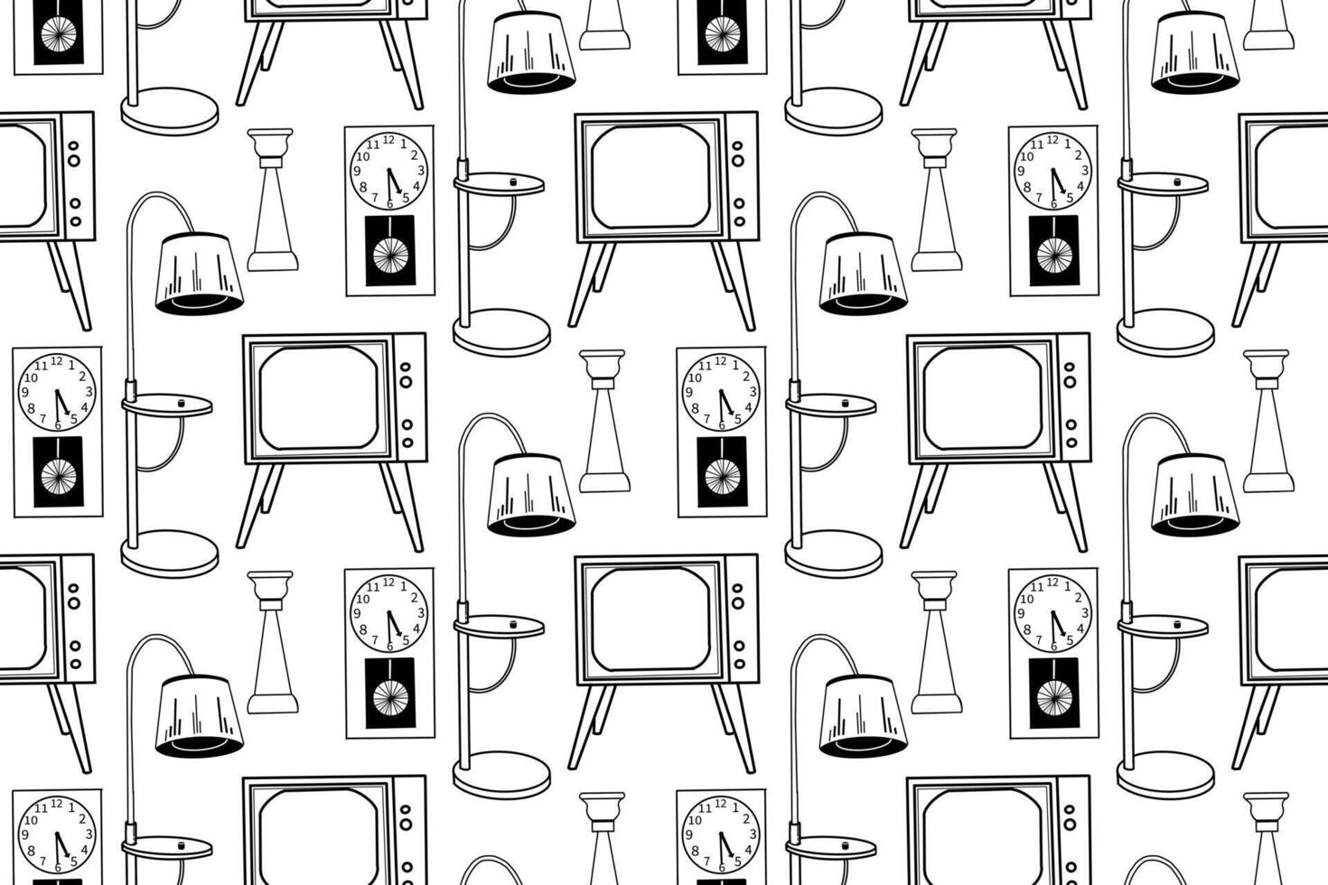 Seamless pattern hand-drawn in on the theme of interior design, furniture, TV, floor lamp, wall clock, vase. Drawn in in black. For printing on paper, fabric, interior sketches vector