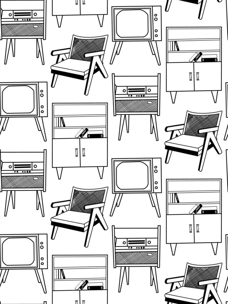 Seamless pattern hand-drawn in on the theme of interior design, furniture, TV, fish, bookcase, radiogramphone. Drawn in in black. For printing on paper, fabric, interior sketches vector