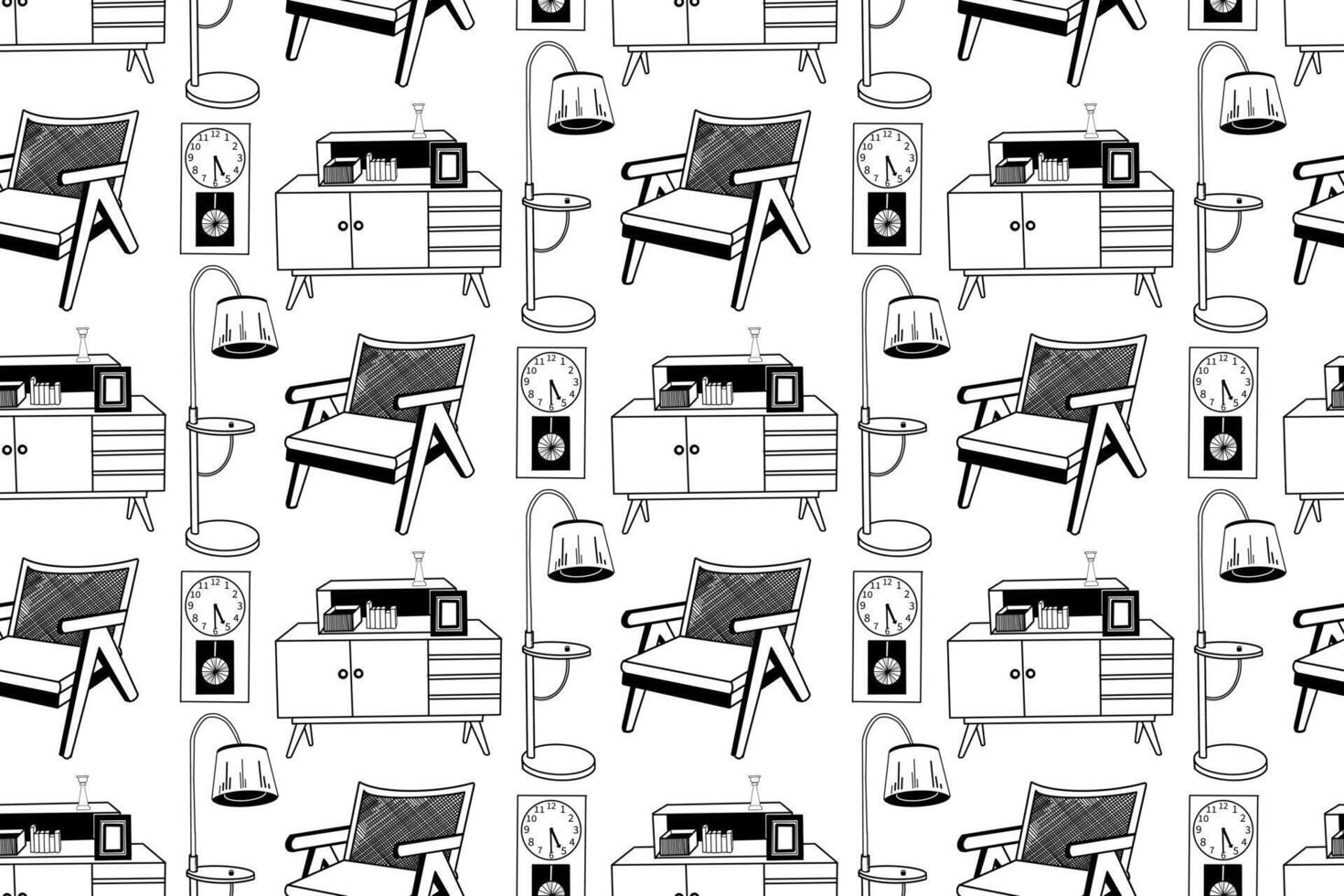 Seamless pattern hand-drawn in on the theme of interior design, armchair, floor lamp, chest of drawers, wall clock. Drawn in in black. For printing on paper and fabric, interior design vector