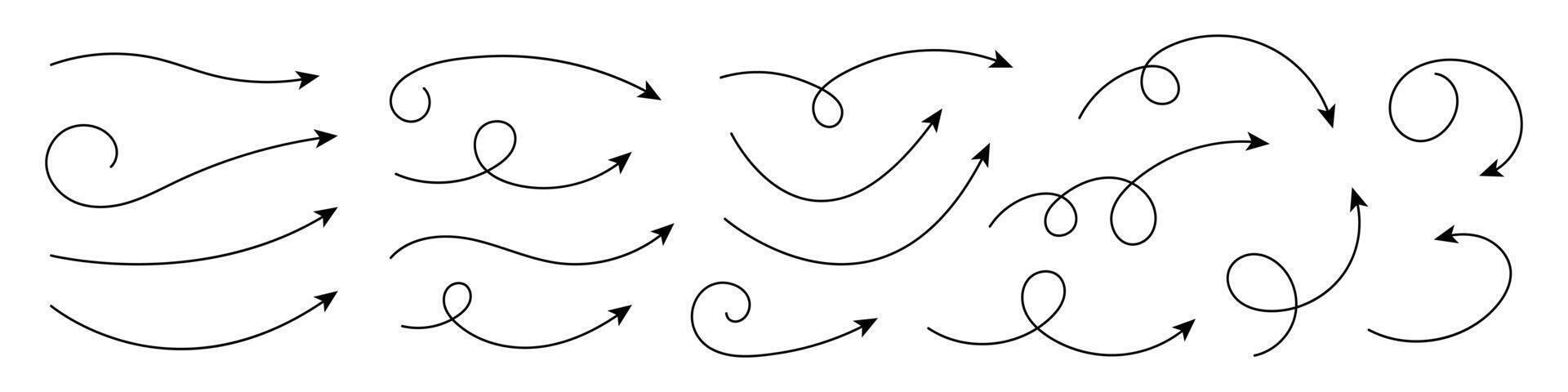 Collection of curved arrows. Set simple curved hand drawn arrows. Collection of pointers. vector