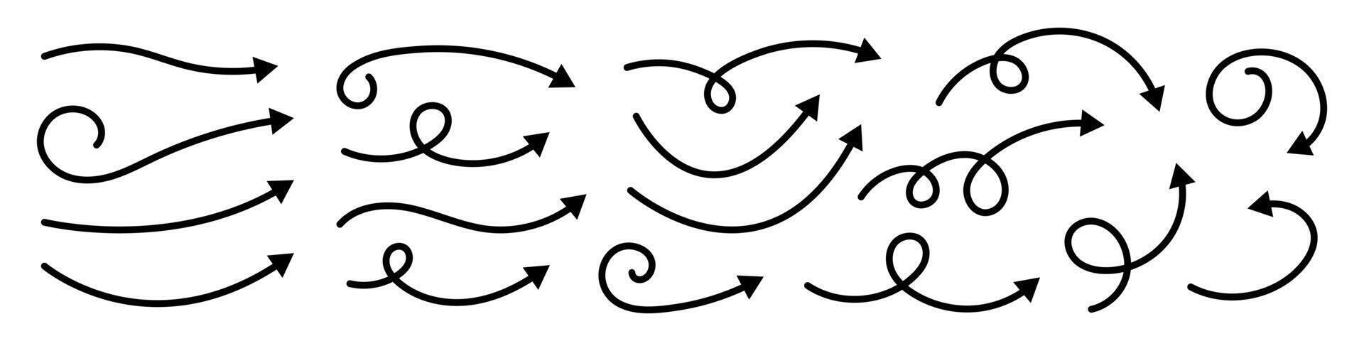 Collection of curved arrows. Set simple curved hand drawn arrows. Collection of pointers. vector