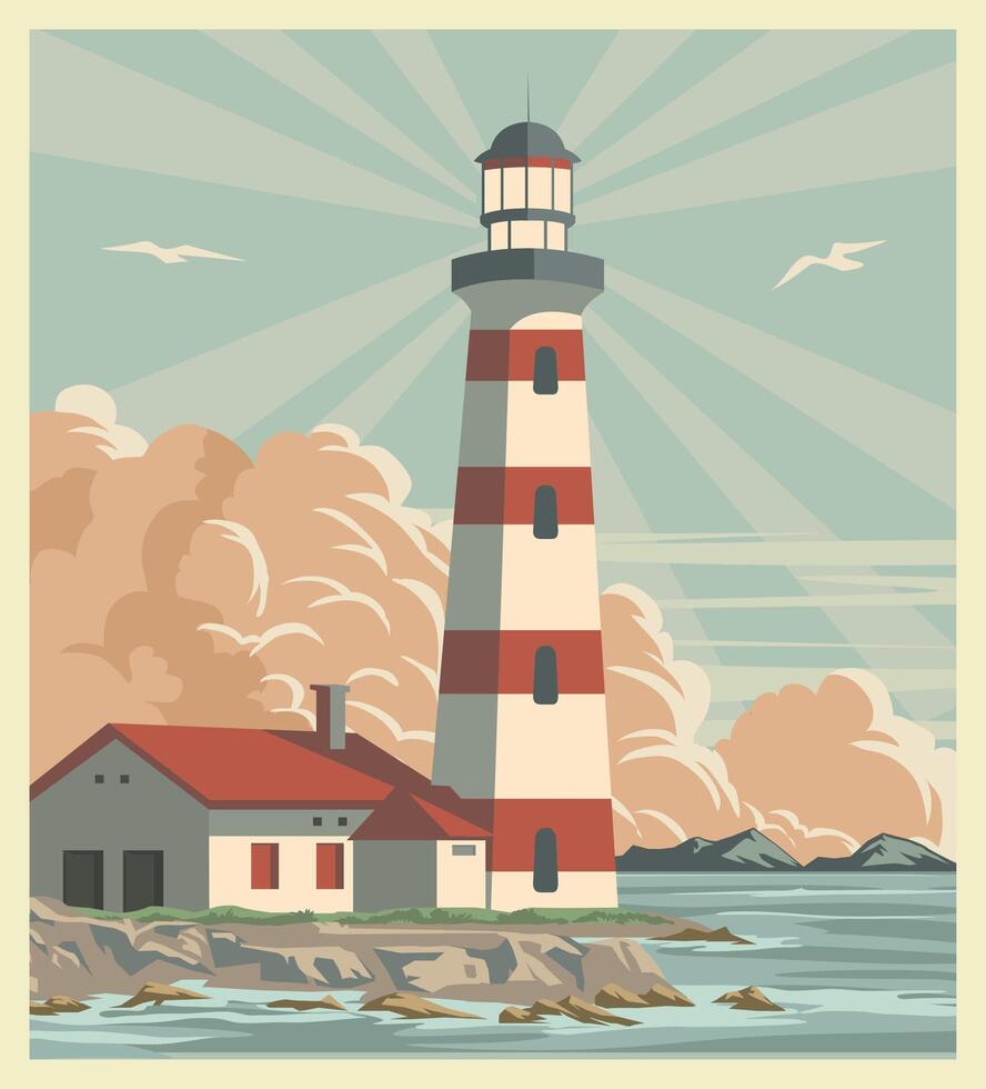 Retro vintage lighthouse design poster vector