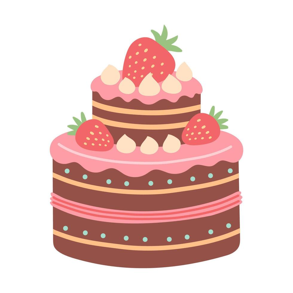 cumpleaños fresa pastel aislado en blanco. plano dibujos animados diseño para postales y pegatinas, cumpleaños fiesta invitación vector