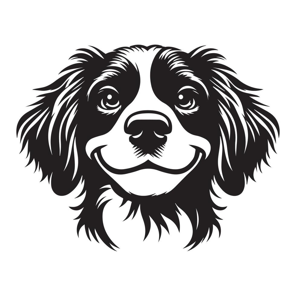 An Amused Brittany Spaniel dog face illustration in black and white vector