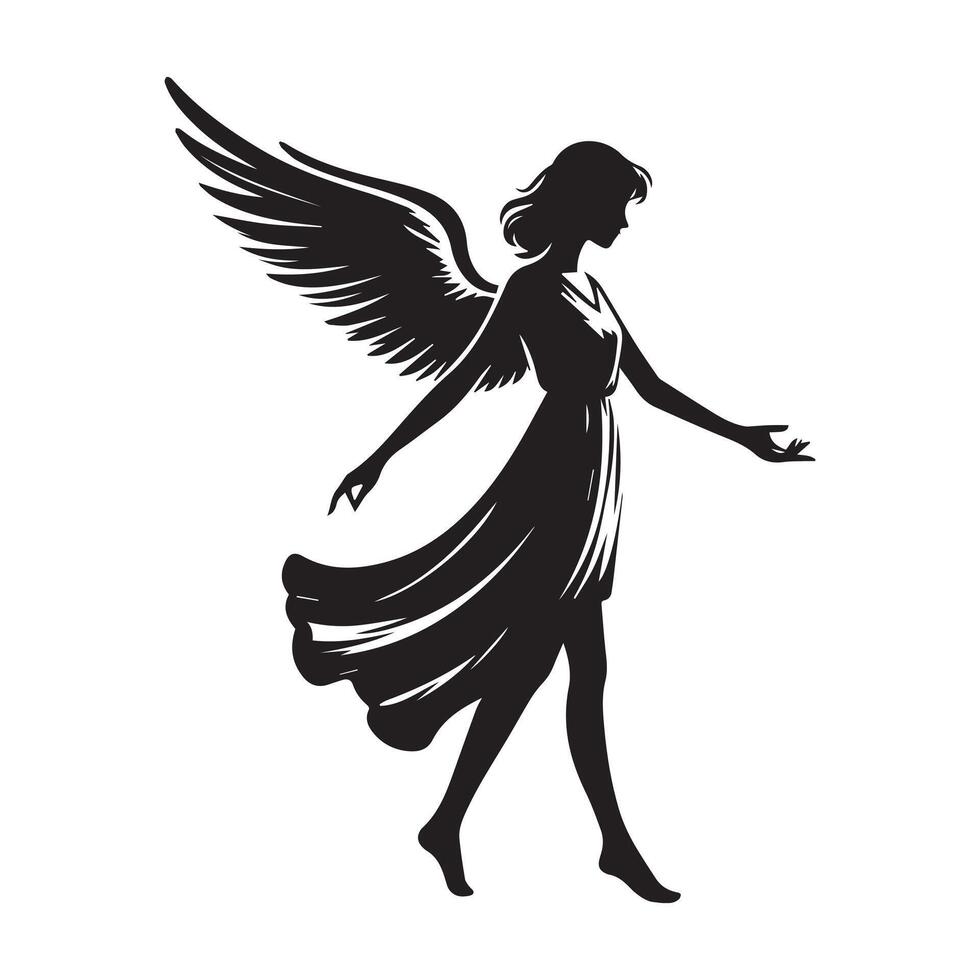an angel Walking forward illustration in black and white vector