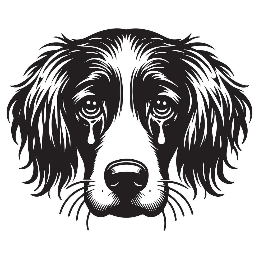 A Sorrowful Brittany Spaniel dog face illustration in black and white vector