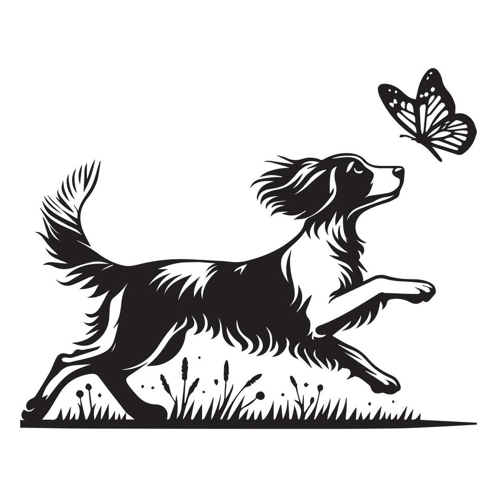 Whimsical Brittany Spaniel Chasing Butterfly illustration in black and white vector