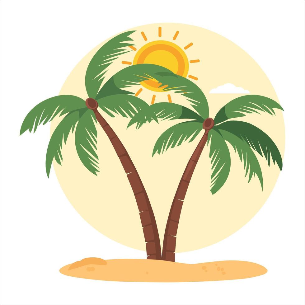 illustration of two palm trees with the sun behind them vector