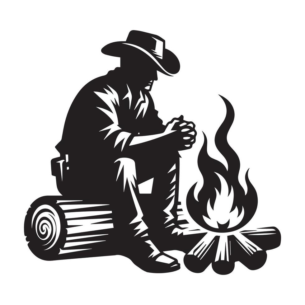 A Cowboy sitting on a log with campfire illustration in black and white vector