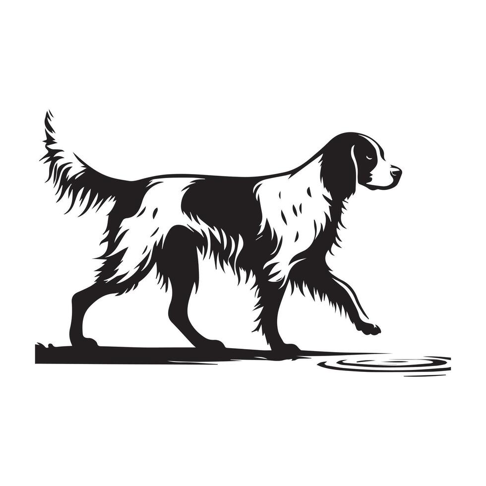 Brittany Spaniel Walking by Water Edge illustration in black and white vector