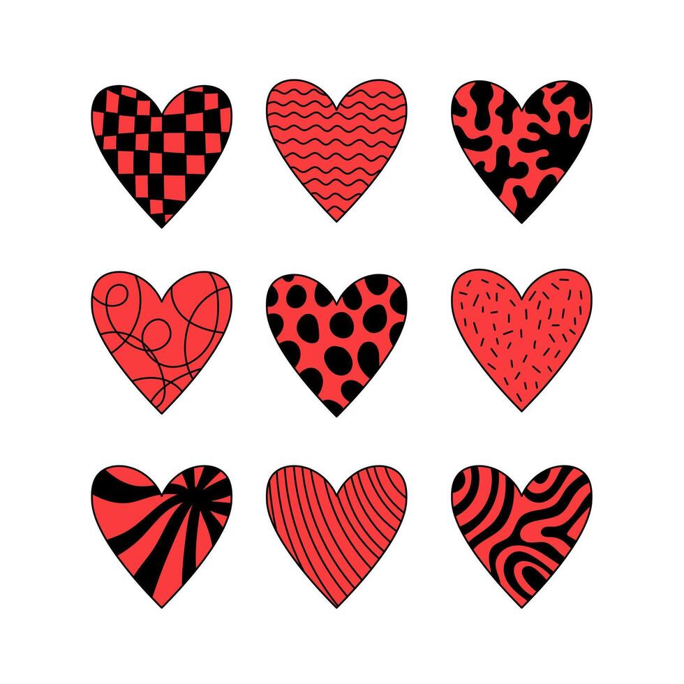 Red heart shape hand drawn set vector