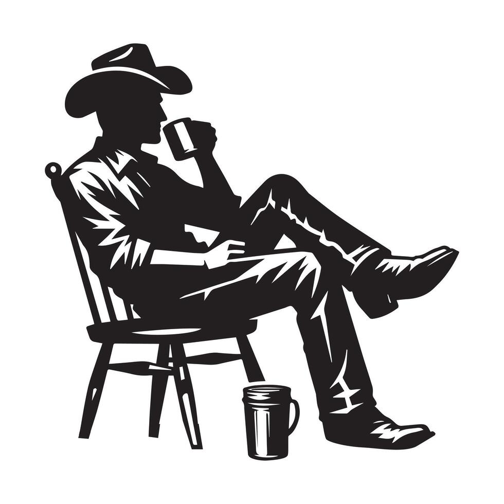 A Cowboy drinking coffee illustration in black and white vector