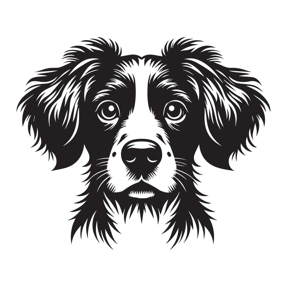 A Curious Brittany Spaniel dog face illustration in black and white vector