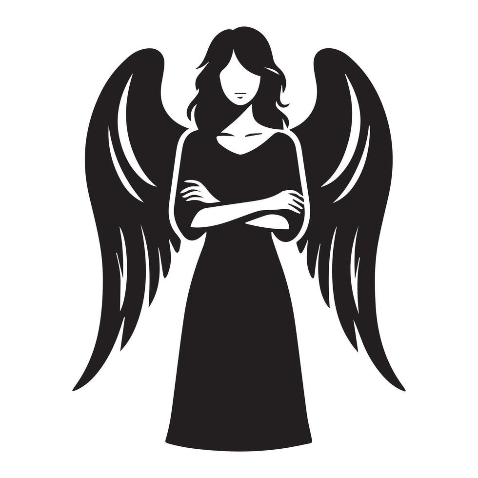 an angel in arm crossed illustration in black and white vector