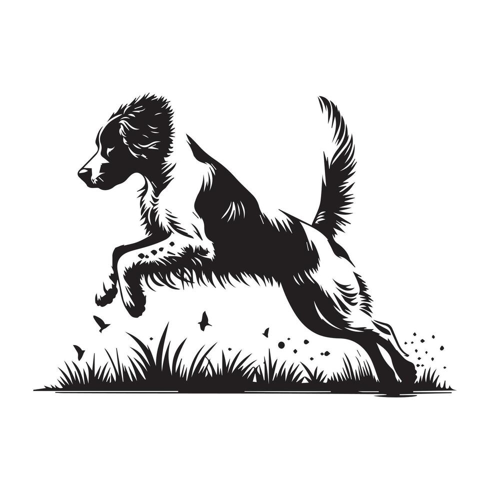 Agile Brittany Spaniel Jumping illustration in black and white vector