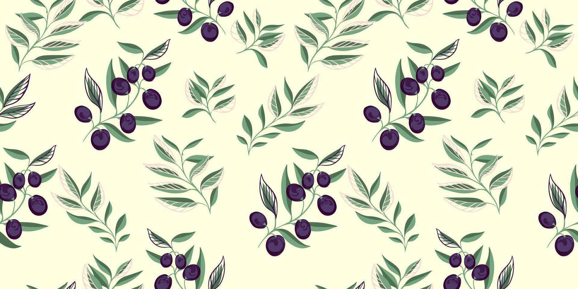 Abstract artistic branches with creative olive berries, shapes leaves scattered randomly on a seamless pattern. Pastel tiny leaf stems printing on a light background. hand drawing sketch. vector