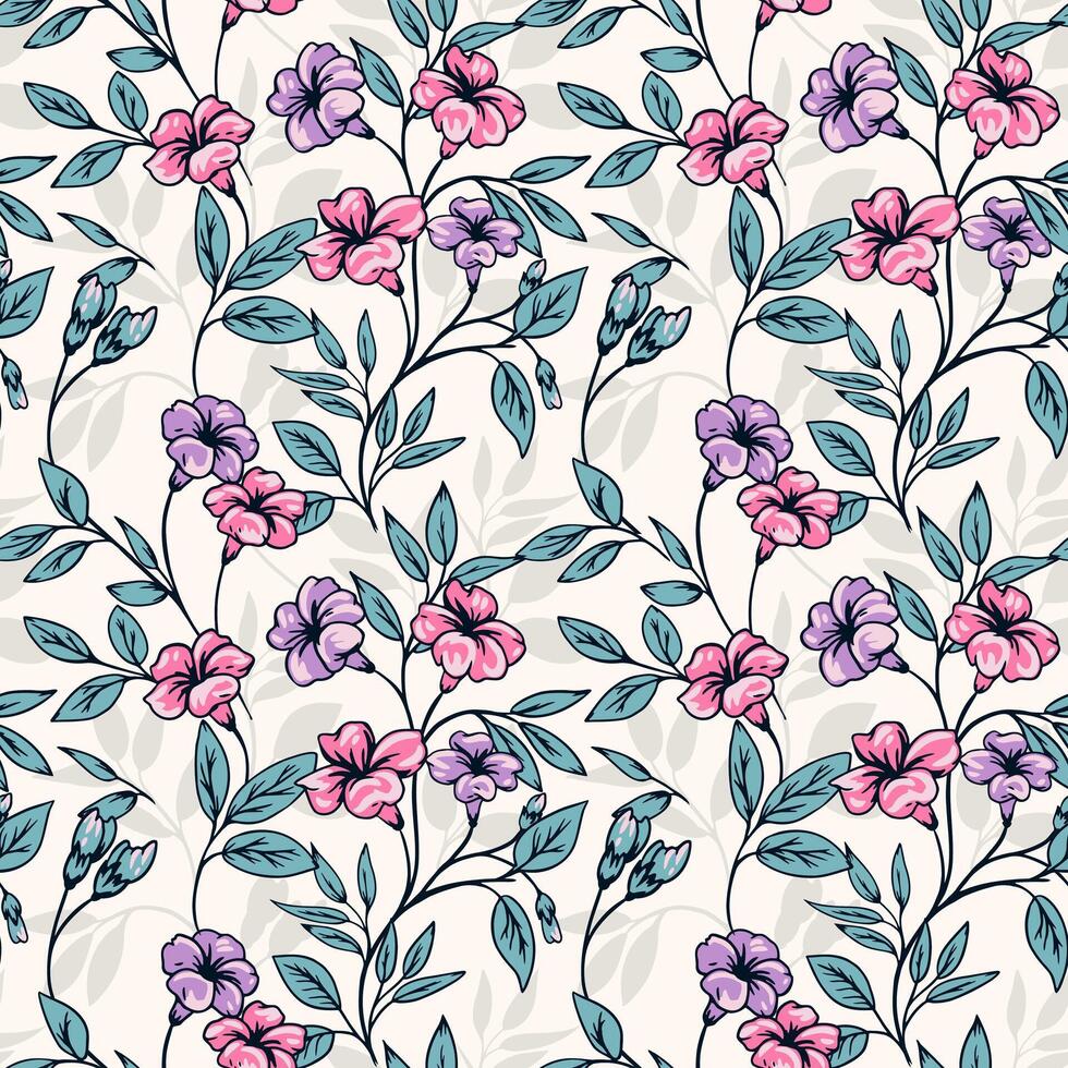 Blooming artistic flowers branches and leaves intertwined in a seamless pattern. hand drawn floral stem blue print. Template for design, fabric, fashion, textile, wallpaper vector