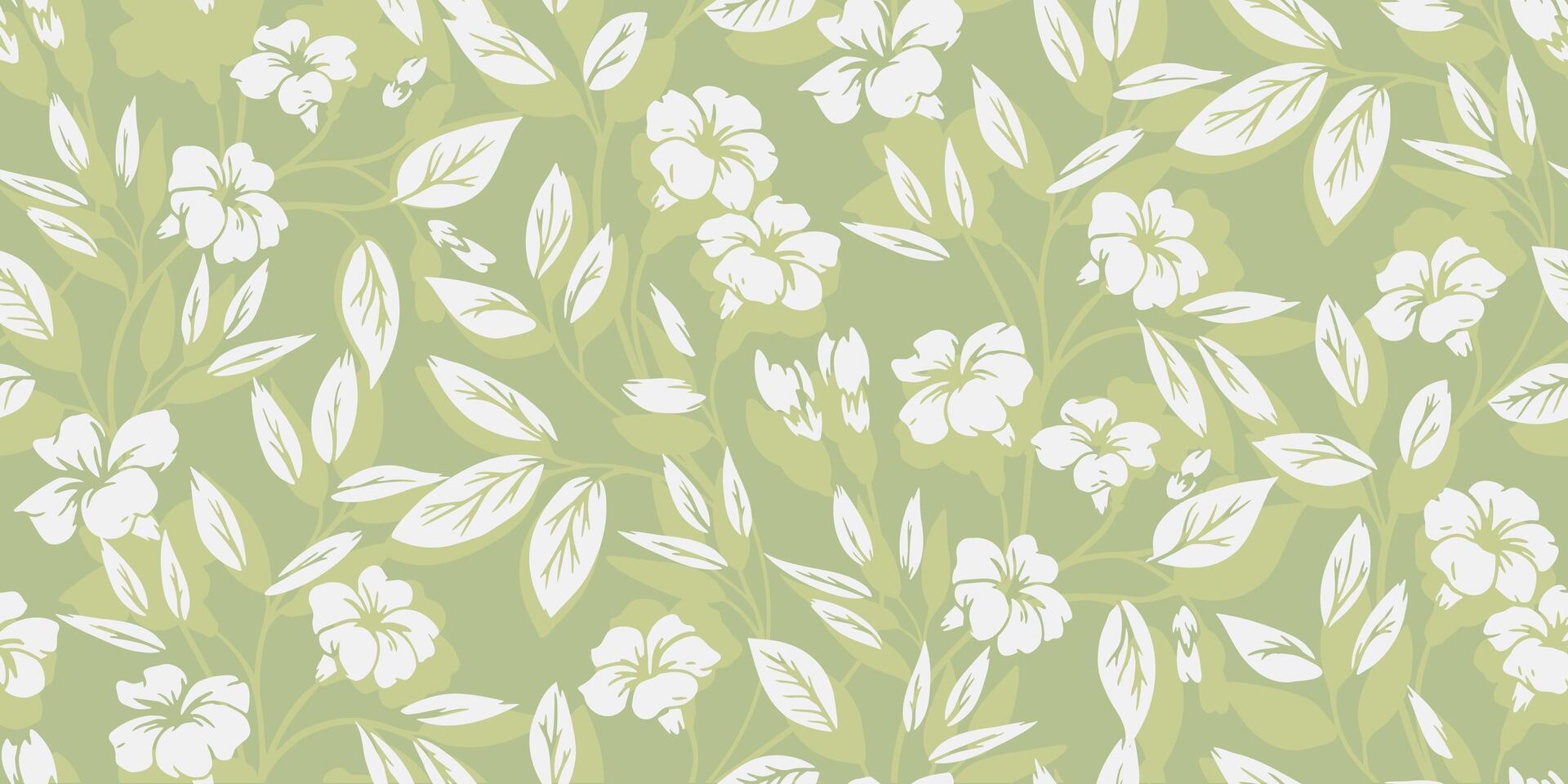 resumen llanura salvaje flores, minúsculo brotes, pequeño hojas sin costura modelo en un verde, menta antecedentes. pastel primavera floral impresión. mano dibujo. naturaleza ornamento para textil, tela, fondo de pantalla vector